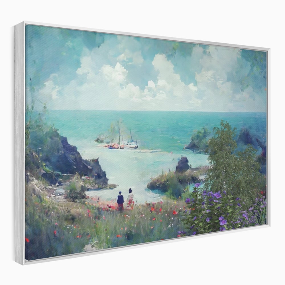 Tablou canvas cu pictura peisaj marin cu oameni si flori, in rama de aluminiu argintiu